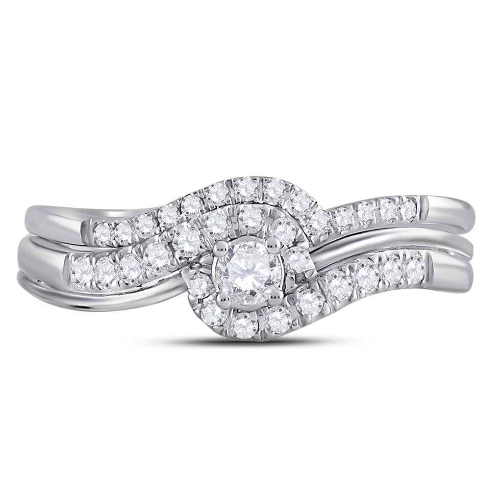 14k White Gold Round Diamond Swirl Bridal Wedding Ring Set 1/3 Cttw