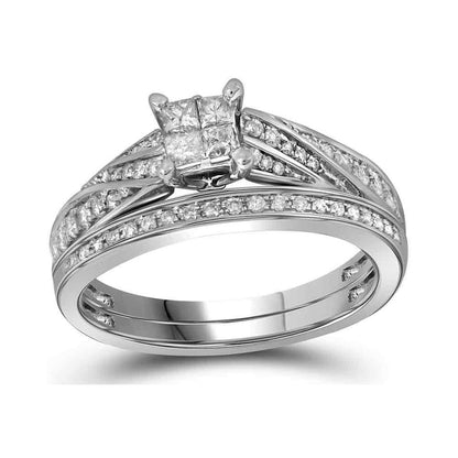 14k White Gold Princess Diamond Bridal Wedding Ring Set 1/2 Cttw