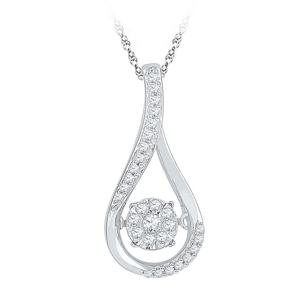 14k White Gold Round Diamond Moving Cluster Teardrop Pendant 1/6 Cttw