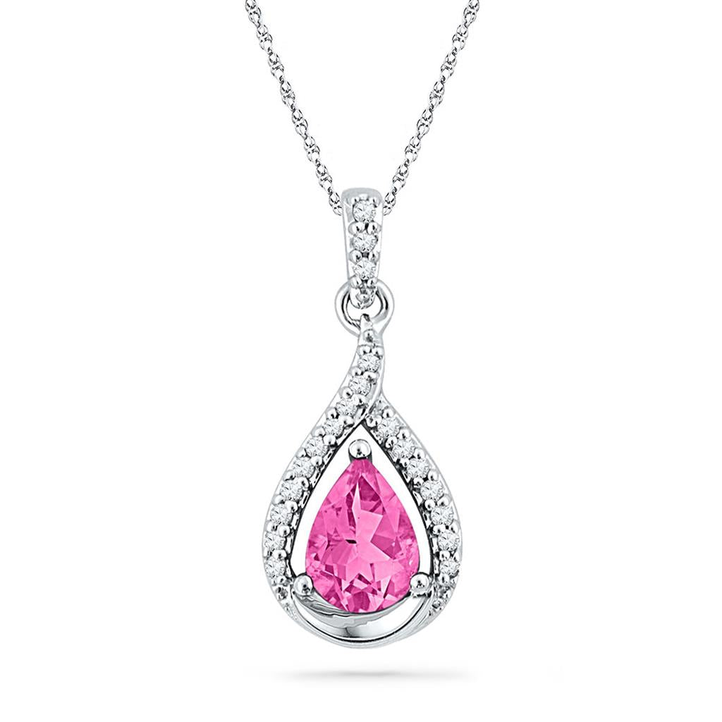 14k White Gold Pear Created Pink Sapphire Solitaire Diamond Pendant 1-5/8 Cttw