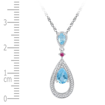 14k White Gold Pear Created Blue Topaz Diamond Teardrop Pendant 7/8 Cttw