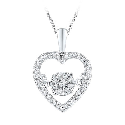 14k White Gold Round Diamond Cluster Moving Twinkle Heart Pendant 1/5 Cttw
