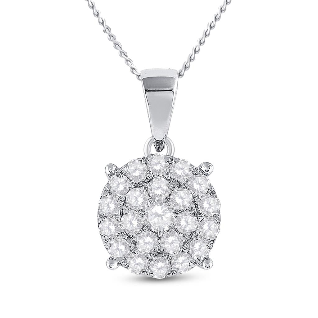 14k White Gold Round Diamond Cluster Pendant 2 Cttw