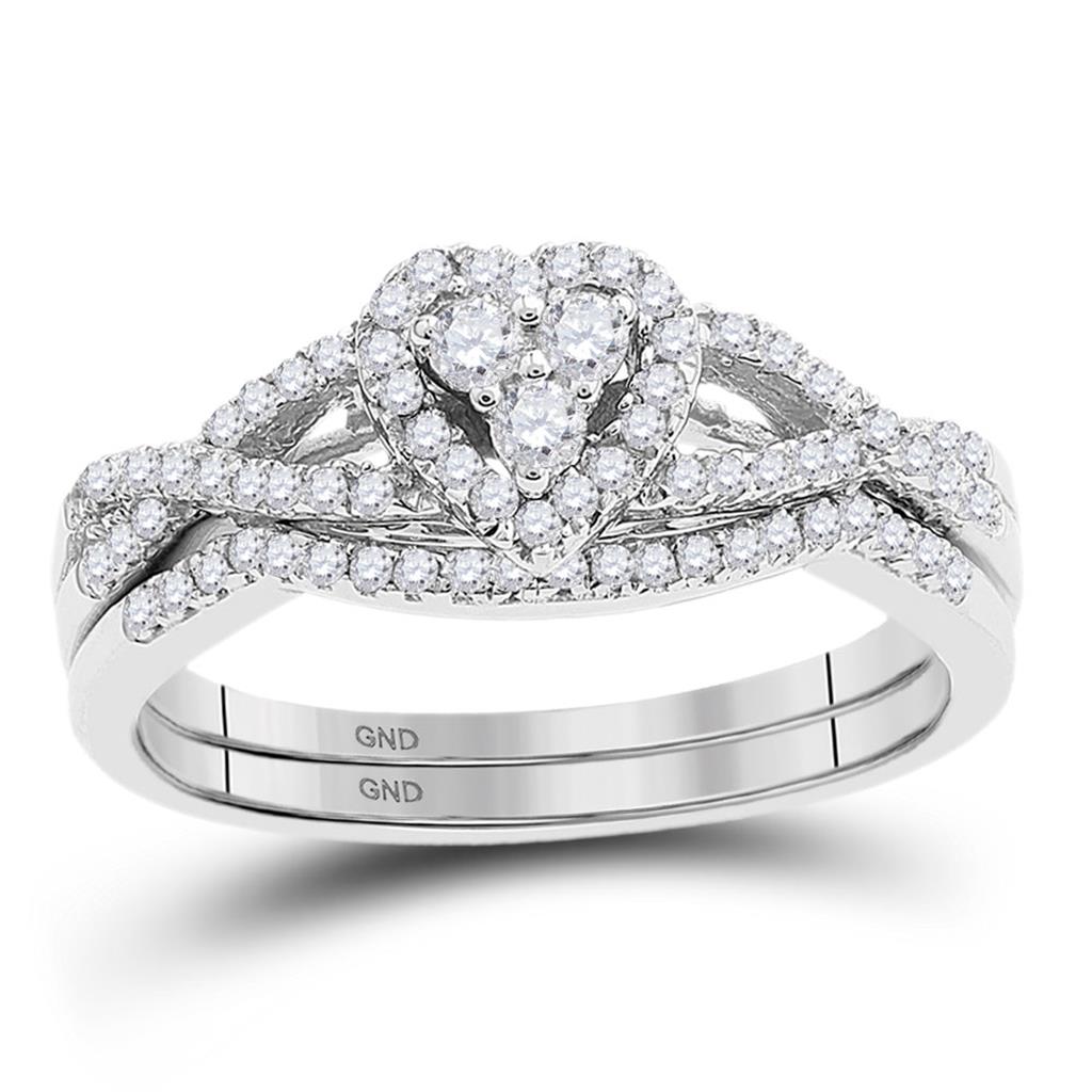 14k White Gold Round Diamond Heart Bridal Wedding Ring Set 3/8 Cttw