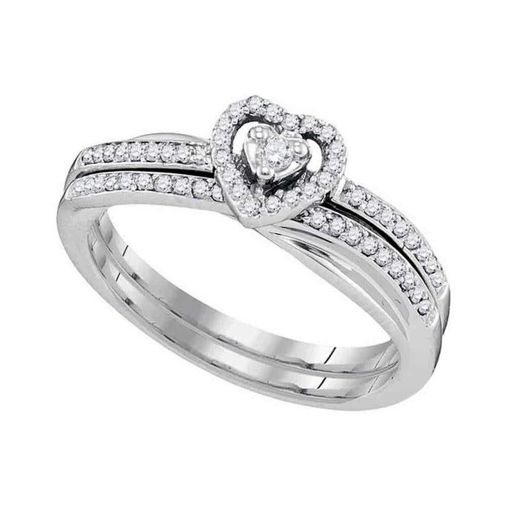 14k White Gold Round Diamond Heart Bridal Wedding Ring Set 1/4 Cttw