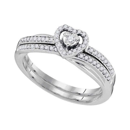 14k White Gold Round Diamond Heart Bridal Wedding Ring Set 1/4 Cttw