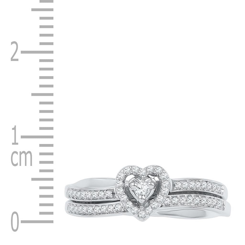 14k White Gold Round Diamond Heart Bridal Wedding Ring Set 1/4 Cttw