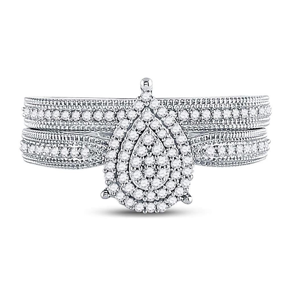 14k White Gold Round Diamond Teardrop Bridal Wedding Ring Set 1/3 Cttw
