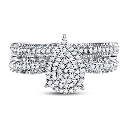 14k White Gold Round Diamond Teardrop Bridal Wedding Ring Set 1/3 Cttw