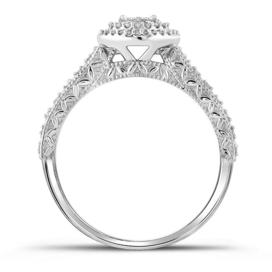 14k White Gold Round Diamond Cluster Bridal Wedding Ring Set 1/3 Cttw