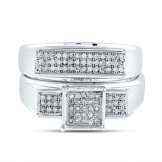 Sterling Silver Round Diamond Square Bridal Wedding Ring Set 1/4 Cttw