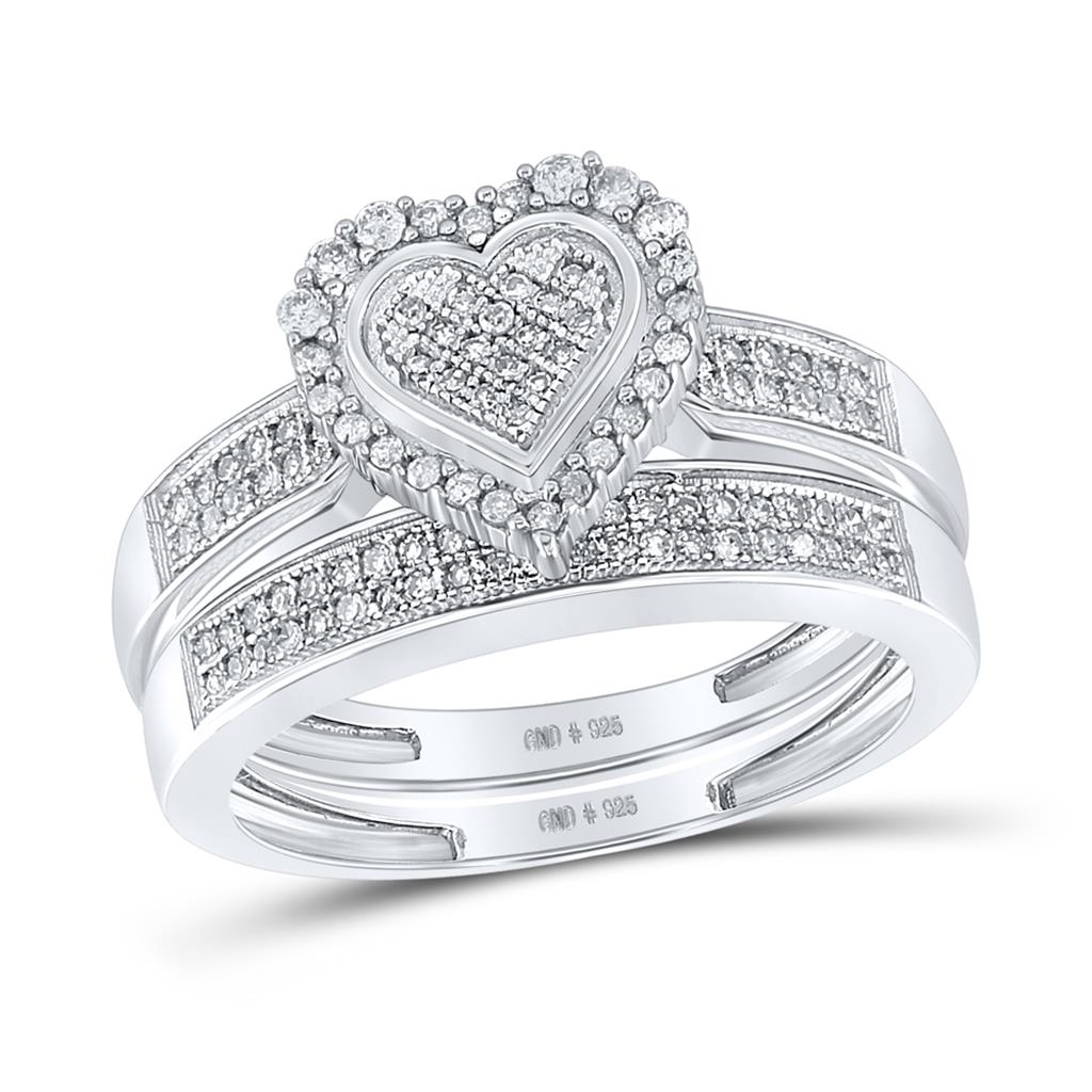 Sterling Silver Round Diamond Heart Bridal Wedding Ring Set 3/8 Cttw