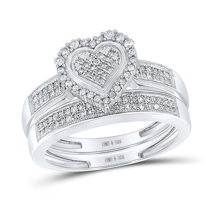 Sterling Silver Round Diamond Heart Bridal Wedding Ring Set 3/8 Cttw