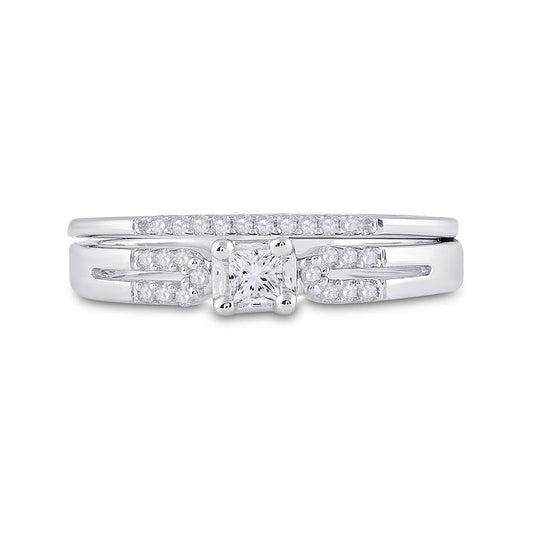 14k White Gold Princess Diamond Bridal Wedding Ring Set 1/5 Cttw