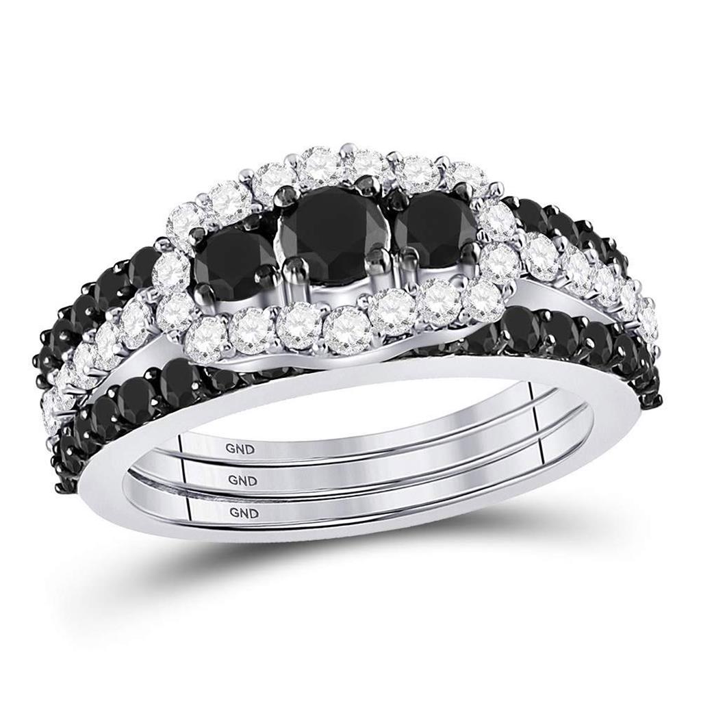 14k White Gold Round Black Diamond Bridal Wedding Ring Set 2 Cttw