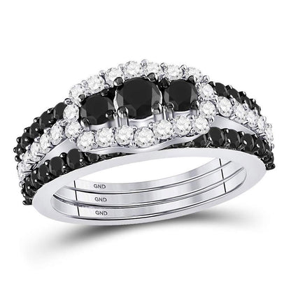 14k White Gold Round Black Diamond Bridal Wedding Ring Set 2 Cttw