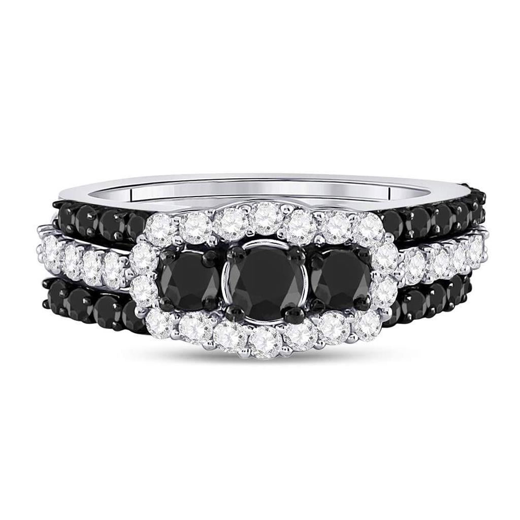 14k White Gold Round Black Diamond Bridal Wedding Ring Set 2 Cttw