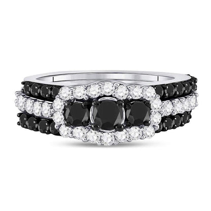 14k White Gold Round Black Diamond Bridal Wedding Ring Set 2 Cttw
