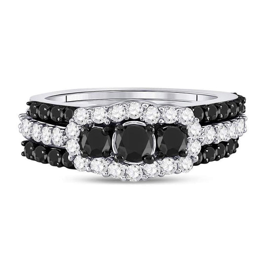14k White Gold Round Black Diamond Bridal Wedding Ring Set 2 Cttw
