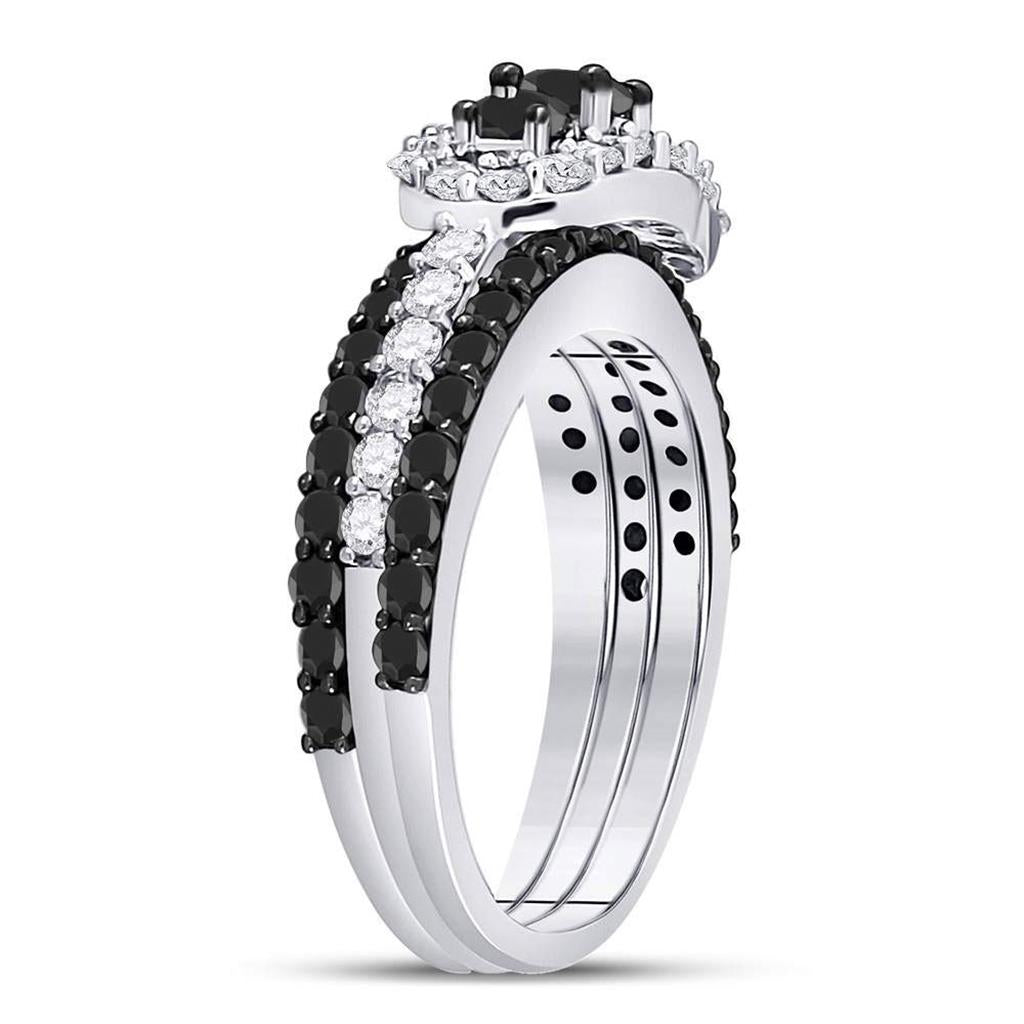14k White Gold Round Black Diamond Bridal Wedding Ring Set 2 Cttw