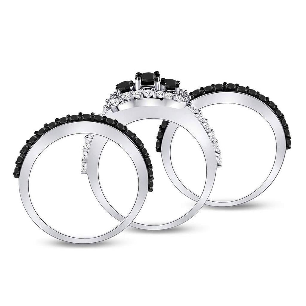 14k White Gold Round Black Diamond Bridal Wedding Ring Set 2 Cttw