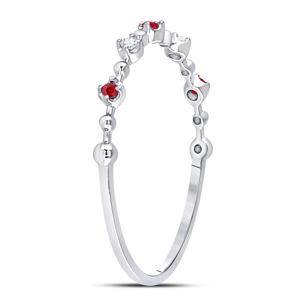 14k White Gold Round Ruby Diamond Beaded Stackable Band Ring 1/20 Cttw
