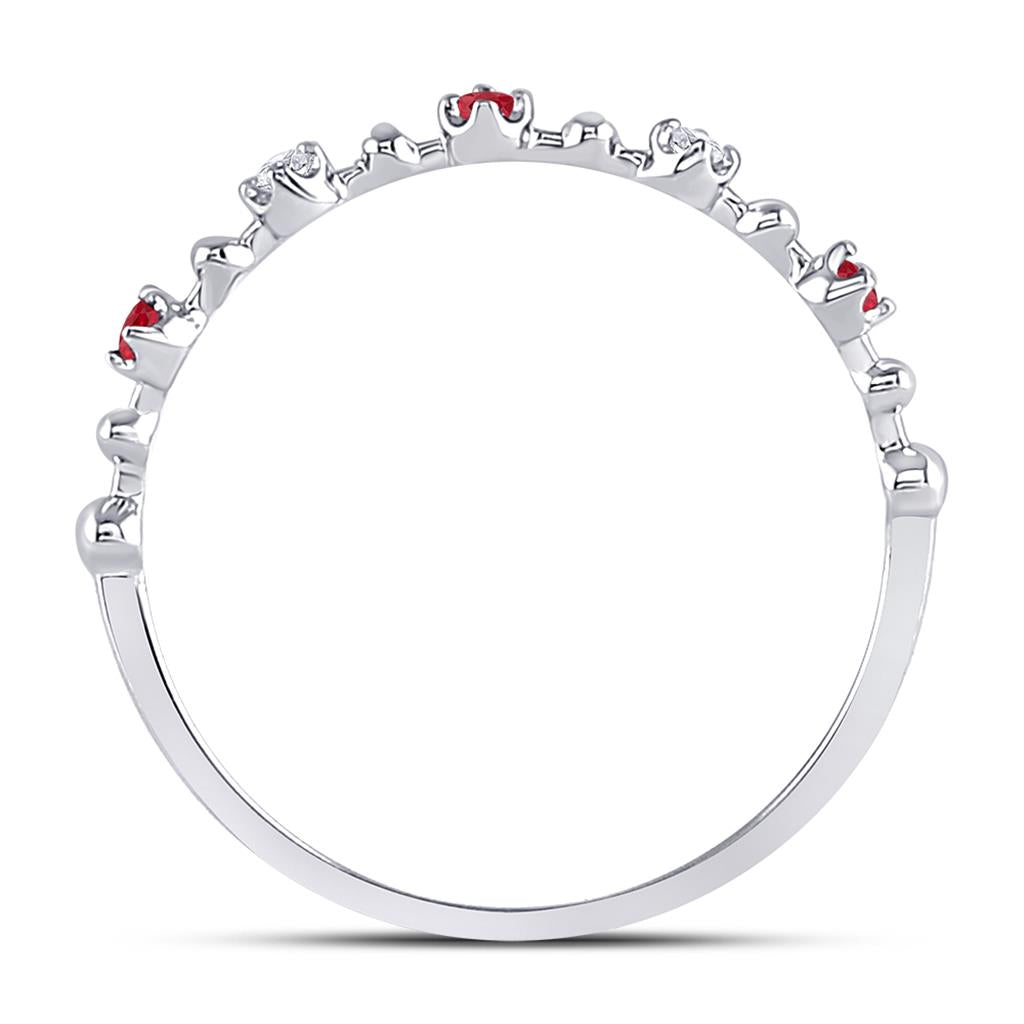 14k White Gold Round Ruby Diamond Beaded Stackable Band Ring 1/20 Cttw