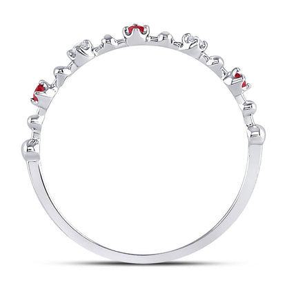 14k White Gold Round Ruby Diamond Beaded Stackable Band Ring 1/20 Cttw