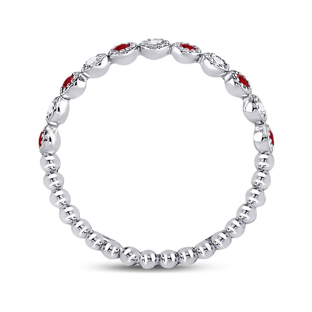 14k White Gold Round Ruby Diamond Beaded Dot Stackable Band Ring 1/6 Cttw