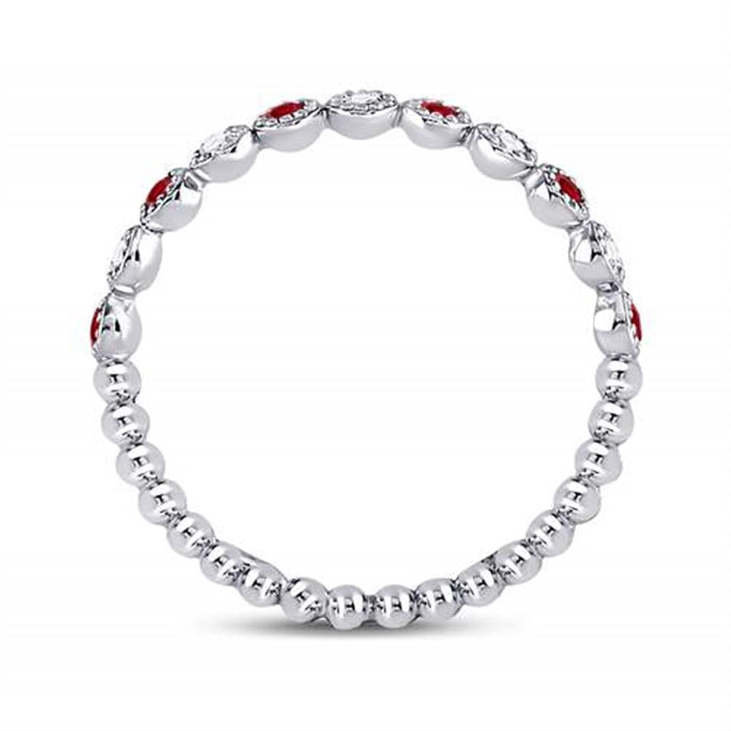 14k White Gold Round Ruby Diamond Beaded Dot Stackable Band Ring 1/6 Cttw