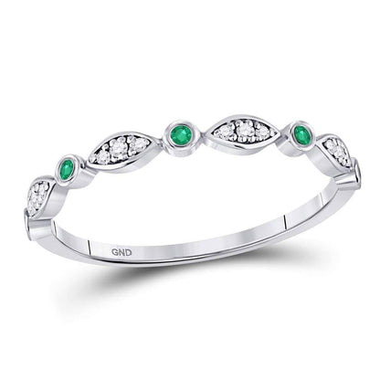 14k White Gold Round Emerald Diamond Marquise Dot Stackable Band Ring 1/8 Cttw