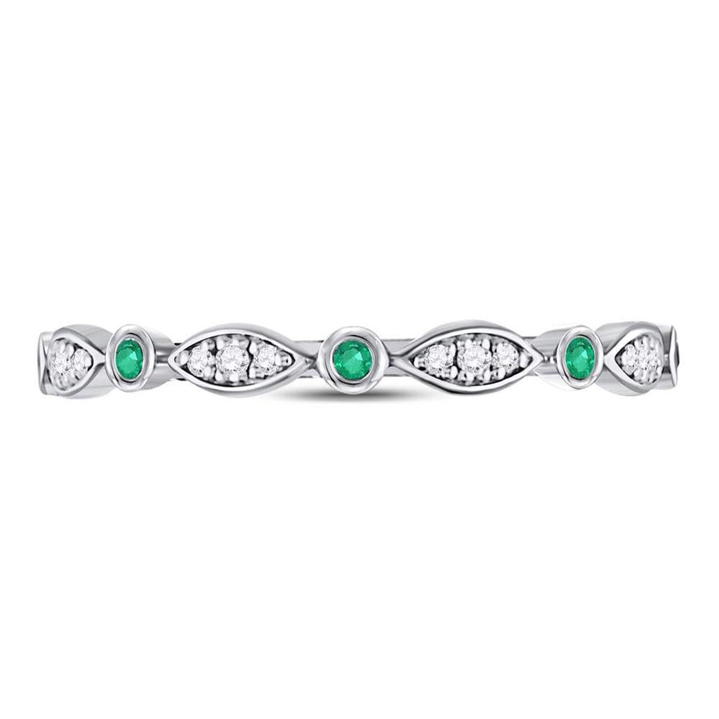 14k White Gold Round Emerald Diamond Marquise Dot Stackable Band Ring 1/8 Cttw