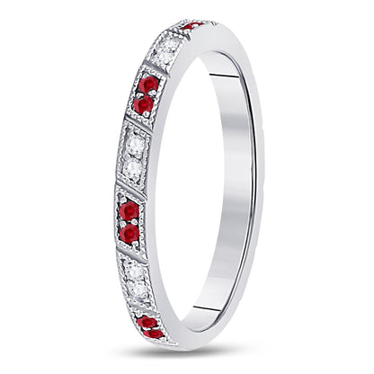 14k White Gold Round Ruby Diamond Milgrain Stackable Band Ring 1/4 Cttw