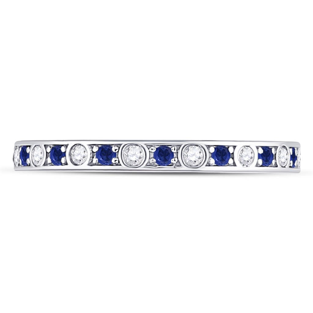 14k White Gold Round Blue Sapphire Diamond Alternating Stackable Band Ring 1/4 Cttw