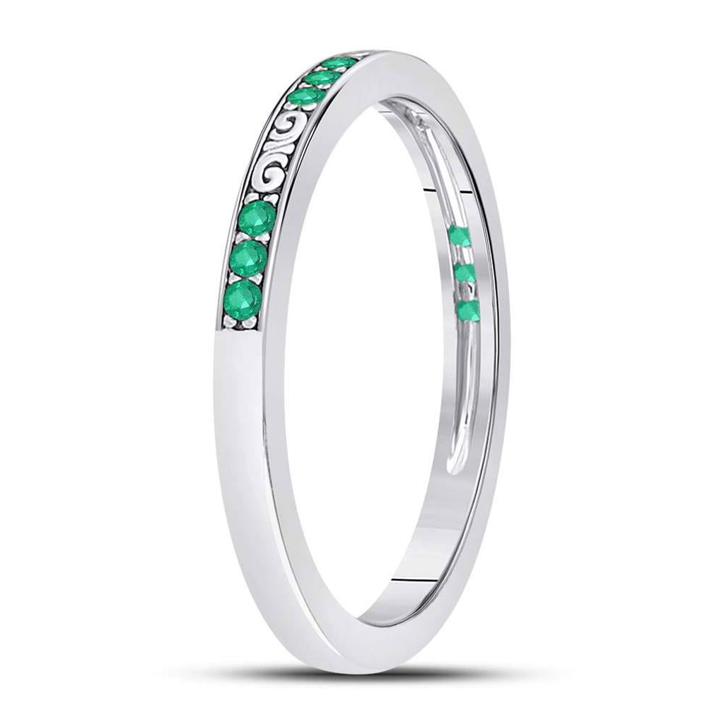 14kt White Gold Round Emerald Single Row Flourished Stackable Band Ring 1/8 Cttw