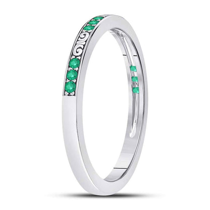 14kt White Gold Round Emerald Single Row Flourished Stackable Band Ring 1/8 Cttw