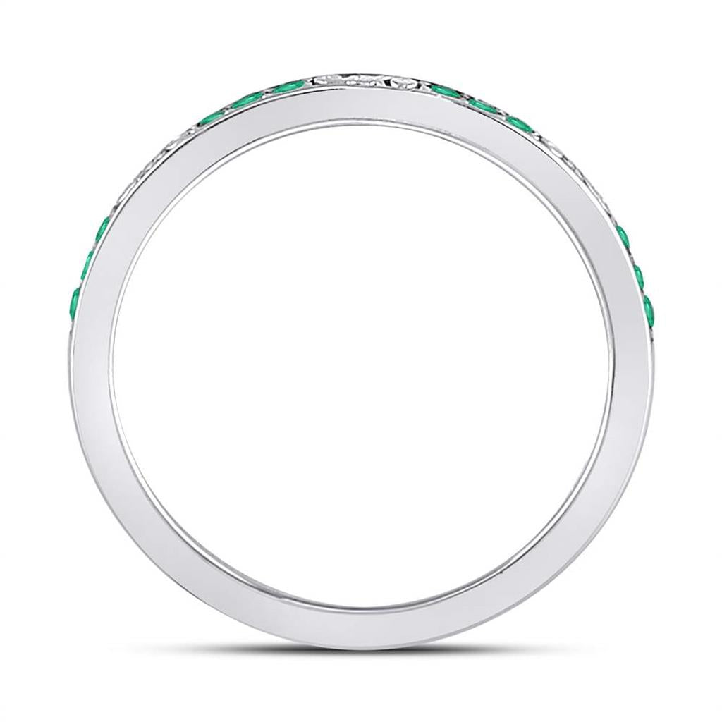 14kt White Gold Round Emerald Single Row Flourished Stackable Band Ring 1/8 Cttw