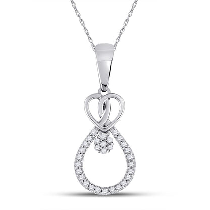 14kt White Gold Round Diamond Heart Teardrop Cluster Pendant 1/10 Cttw
