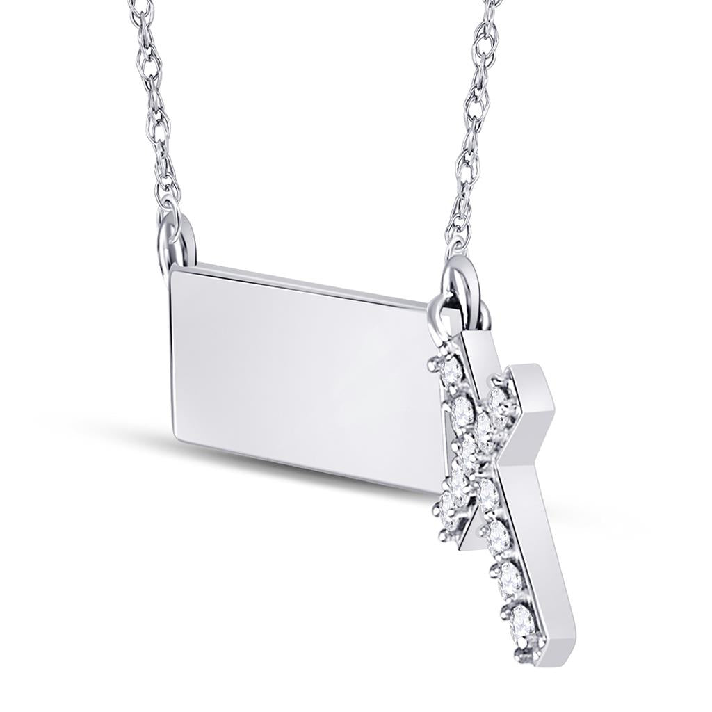 14kt White Gold Round Diamond Bar Cross Pendant Necklace 1/6 Cttw