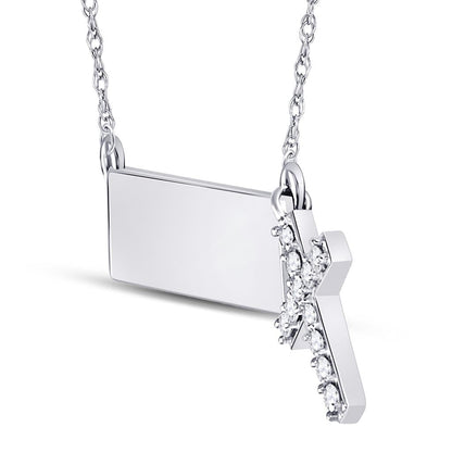 14kt White Gold Round Diamond Bar Cross Pendant Necklace 1/6 Cttw