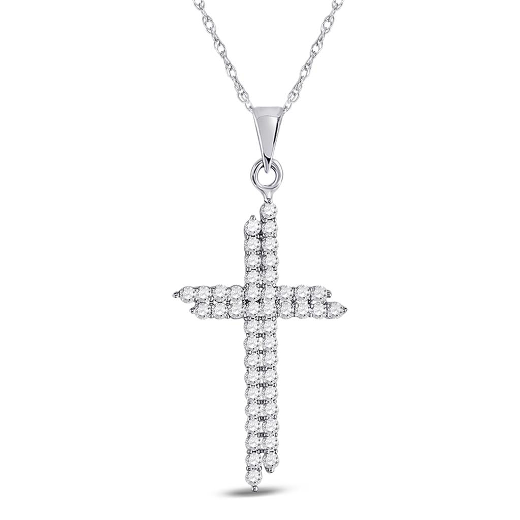14kt White Gold Round Diamond Asymmetric Cross Pendant 1/2 Cttw