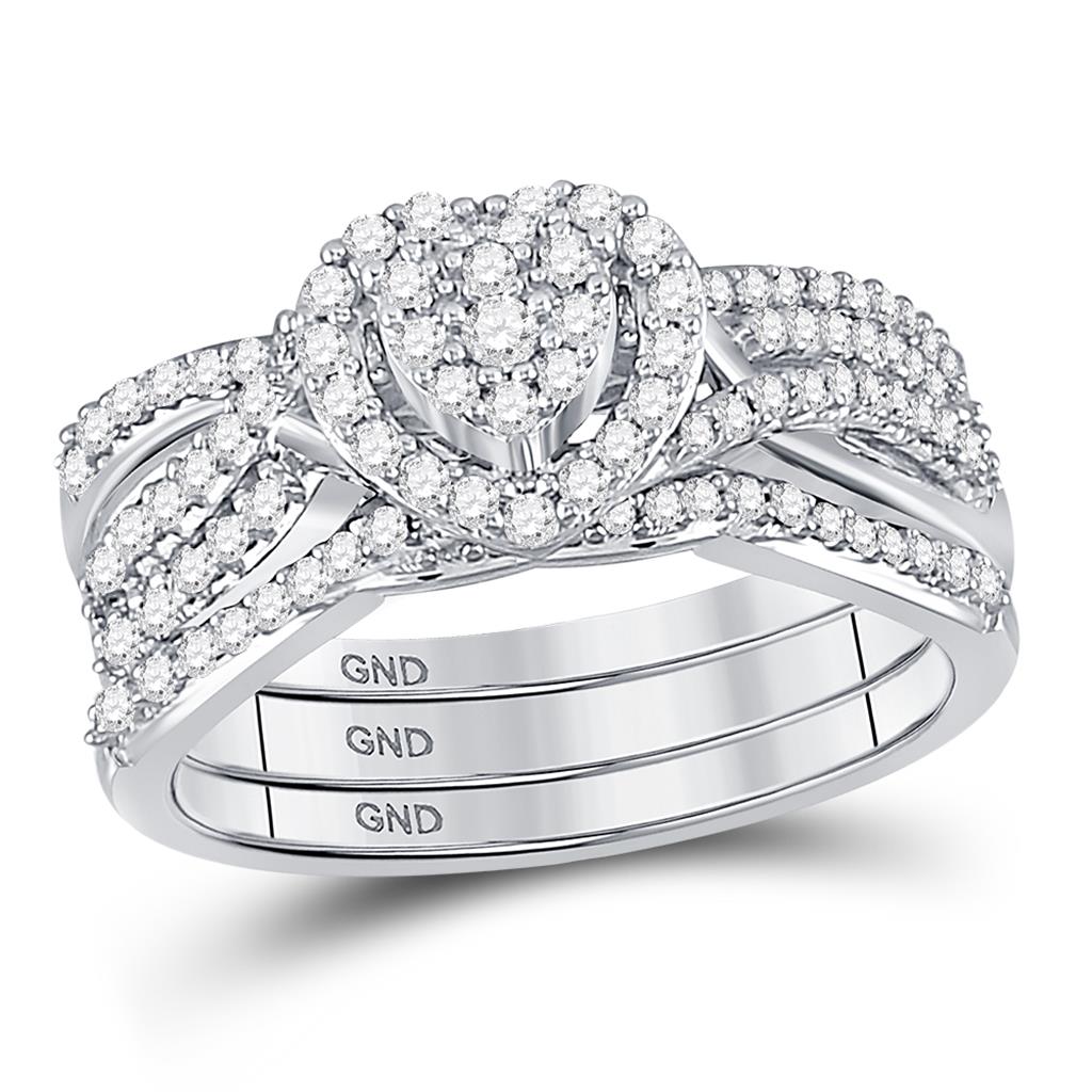 14k White Gold Round Diamond Heart Bridal Wedding Ring Set 1/2 Cttw