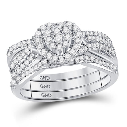 14k White Gold Round Diamond Heart Bridal Wedding Ring Set 1/2 Cttw