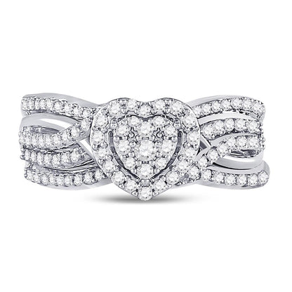 14k White Gold Round Diamond Heart Bridal Wedding Ring Set 1/2 Cttw