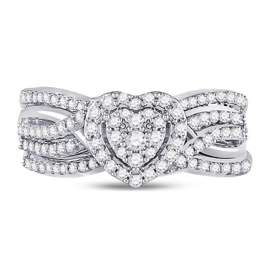14k White Gold Round Diamond Heart Bridal Wedding Ring Set 1/2 Cttw
