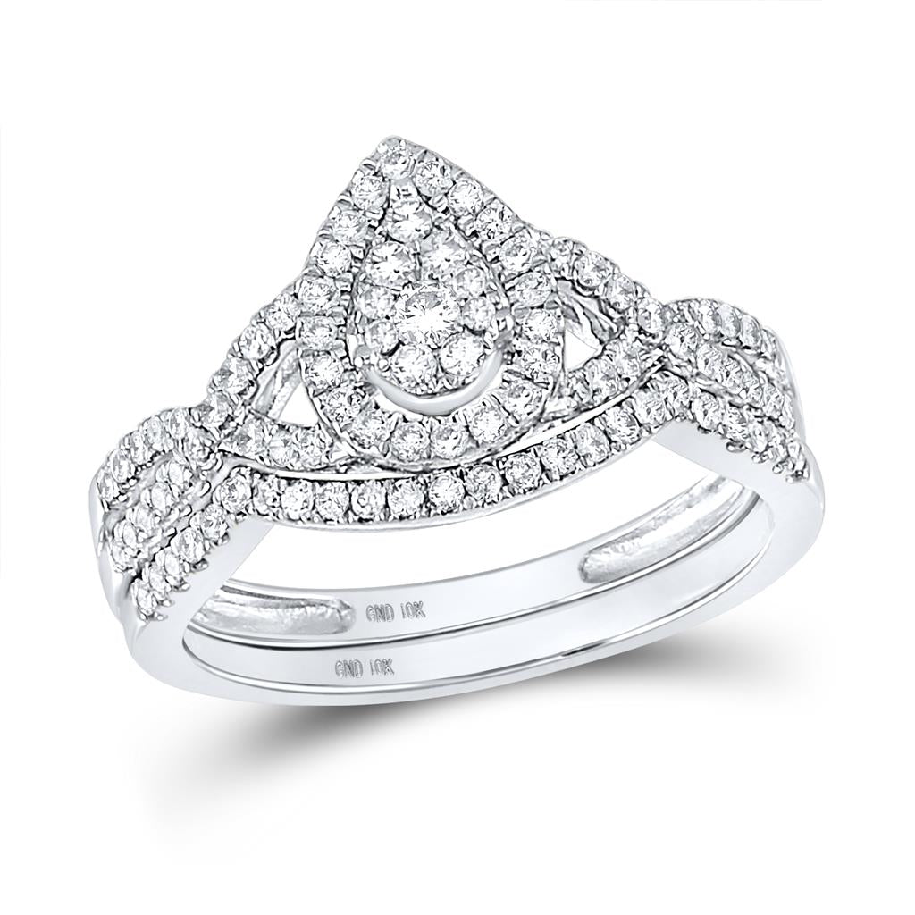 14k White Gold Round Diamond Teardrop Bridal Wedding Ring Set 1/2 Cttw