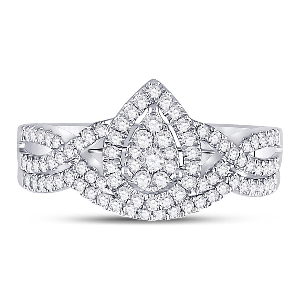 14k White Gold Round Diamond Teardrop Bridal Wedding Ring Set 1/2 Cttw