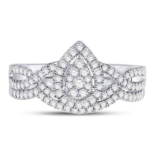 14k White Gold Round Diamond Teardrop Bridal Wedding Ring Set 1/2 Cttw