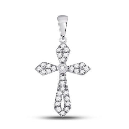 14k White Gold Round Diamond Gothic Cross Pendant 1/3 Cttw