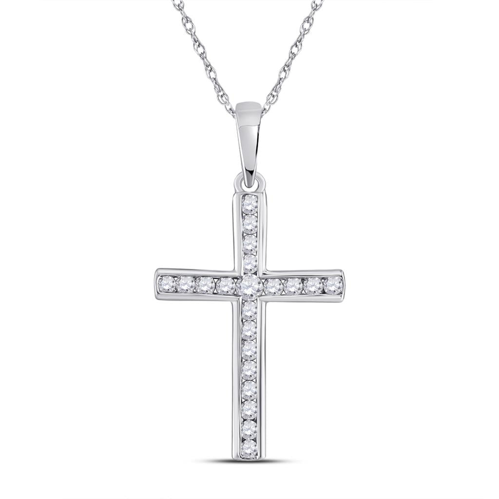 14k White Gold Round Diamond Cross Pendant 1/5 Cttw
